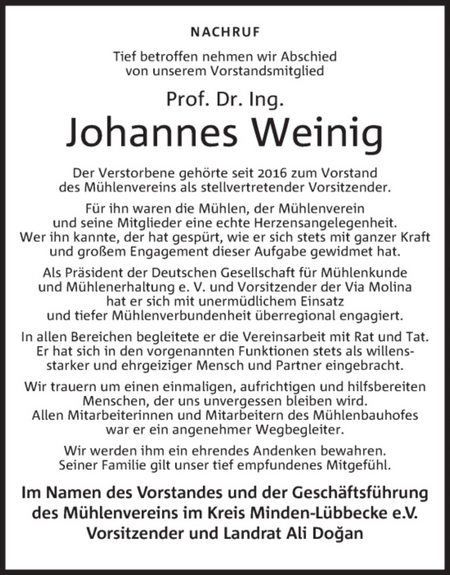 Nachruf Prof. Dr. Ing. Johannes Weinig