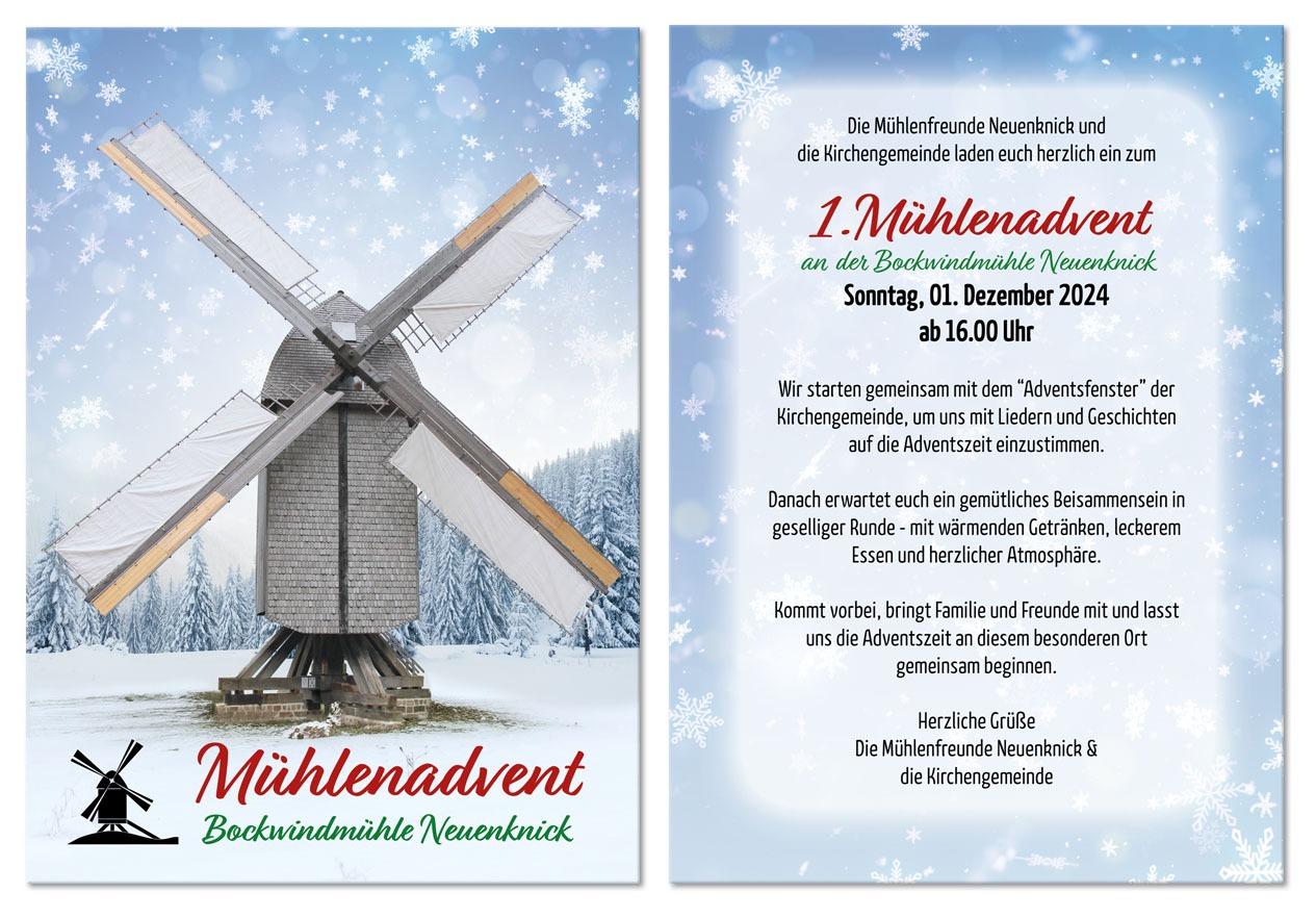 Einlasung zum 1. Mühlenadvent an der Bockwindmühle